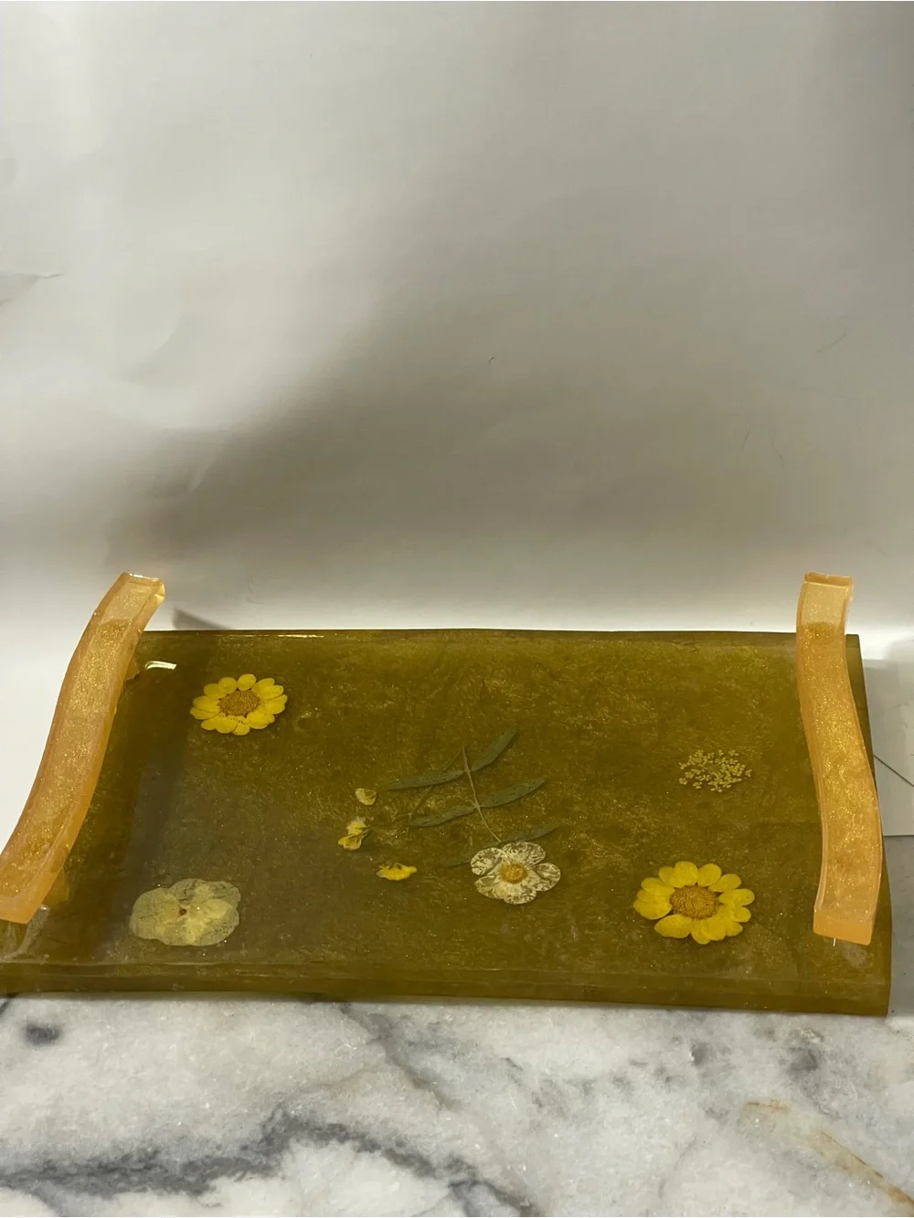 Vintage Tray Lucite Acrylic Botanical Floral Inlay Makeup Jewelry Trinkets 9.5”